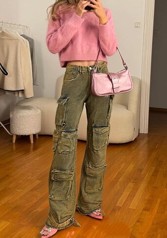 Vaceky Cargo Jeans Women High Waisted Straight Leg Baggy Y2K Denim Fall Winter Pants with Pockets Streetwear in Kuwait