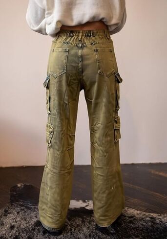 Vaceky Cargo Jeans Women High Waisted Straight Leg Baggy Y2K Denim Fall Winter Pants with Pockets Streetwear in Kuwait