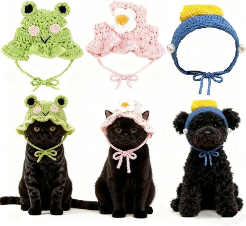 3Pcs Frog & Flower Cat Hat, Funny Rabbit Bunny Hat Small Dogs Puppy Hats, Cute Pearl Knitted Pet Hats Set with Ear Holes for Birthday Halloween Christmas Easter Party Costume in Saudi Arabia