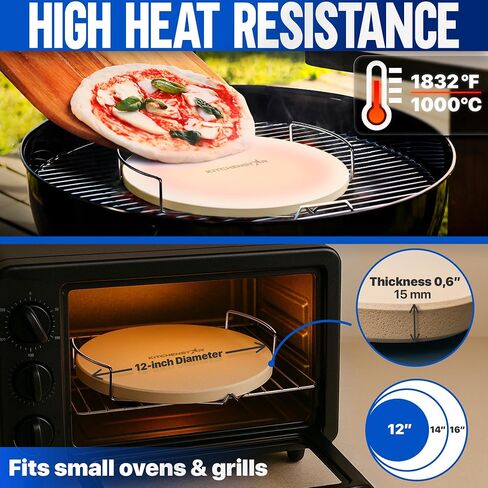 12" Pizza Stone for Oven & Grill with Handles - Natural Cordierite Baking Stone Set with SS Rack & Plastic Scraper (1500 °F Resistant, Round, Small) in Saudi Arabia
