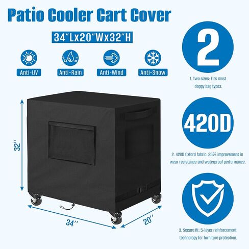 SIRUITON Patio Cooler Cart Cover, Fits for Most 80 Quart Rolling Cooler Cart Cover, Waterproof Patio Ice Chest Protective Covers for Outdoor Bar Cart, 34L X 20W X32H inch-（Black） in Saudi Arabia