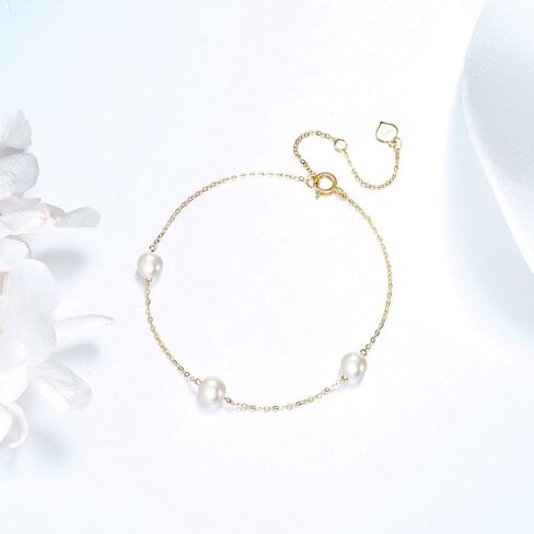 14k Solid Gold Pearl Bracelet for Women, Freshwater Cultured Pearls Fine Jewelry Birthday Gifts for Her in Kuwait