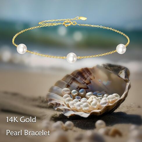 14k Solid Gold Pearl Bracelet for Women, Freshwater Cultured Pearls Fine Jewelry Birthday Gifts for Her in Kuwait