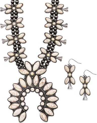 Rosemarie & Jubalee Women's Western Chic Statement Howlite Squash Blossom Necklace Earrings Set, 24"+3" Extension in Saudi Arabia