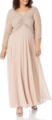J Kara Women's Plus Size 3/4 Sleeve V-Neck Beaded Top Long Gown in Kuwait