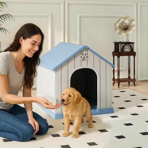 Small Dog House Outdoor Indoor Weatherproof, Durable Outdoor Dog Houses, Plastic Dog House Waterproof with Air Vents and Elevated Floor, Easy to Clean & Assemble (Blue, 26.26''L×24.57''W×25.83''H) in Saudi Arabia