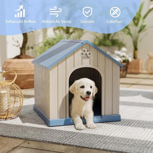 Small Dog House Outdoor Indoor Weatherproof, Durable Outdoor Dog Houses, Plastic Dog House Waterproof with Air Vents and Elevated Floor, Easy to Clean & Assemble (Blue, 26.26''L×24.57''W×25.83''H) in Saudi Arabia