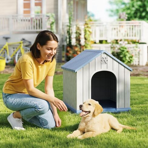 Small Dog House Outdoor Indoor Weatherproof, Durable Outdoor Dog Houses, Plastic Dog House Waterproof with Air Vents and Elevated Floor, Easy to Clean & Assemble (Blue, 26.26''L×24.57''W×25.83''H) in Saudi Arabia