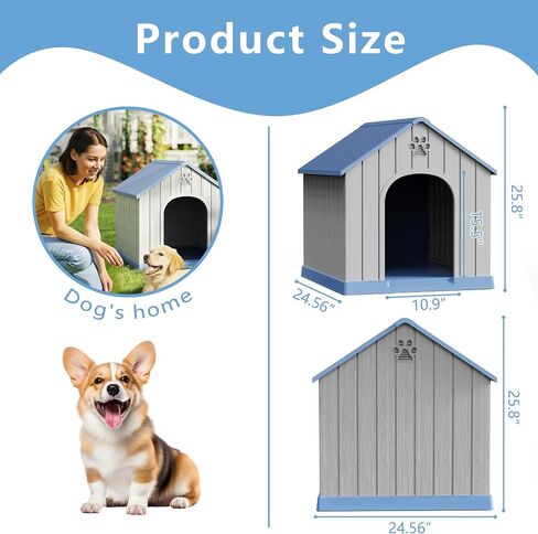 Small Dog House Outdoor Indoor Weatherproof, Durable Outdoor Dog Houses, Plastic Dog House Waterproof with Air Vents and Elevated Floor, Easy to Clean & Assemble (Blue, 26.26''L×24.57''W×25.83''H) in Saudi Arabia
