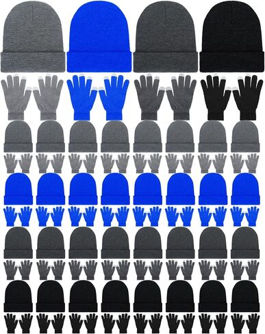 Suhine 128 Pcs Bulk Winter Knit Beanie Hats and Gloves for Men Women Included 64 Warm Beanie and 64 Touchscreen Gloves for Homeless Warm Cozy Gifts in Kuwait