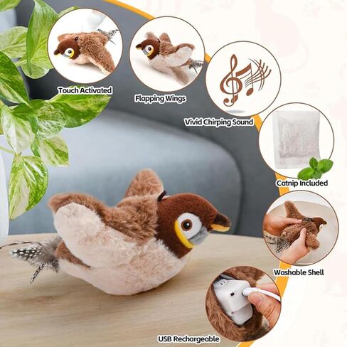 Flying Bird Cat Toy, Rechargeable Flapping Bird Cat Toy, Interactive Cat Toys for Bored Indoor Cats, Flying Simulation Electric Sparrow, With Automatic Obstacle Sensor, Lifelike Chirp Tweet (1pcs) in Saudi Arabia
