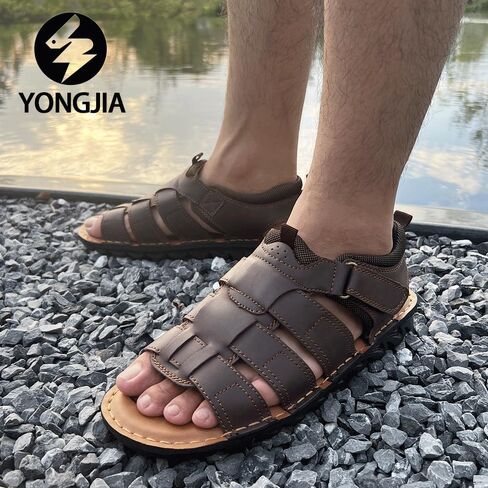 صنادل YONGJIA الرجالية المفتوحة عند الأصابع كاجوال للصيف في الهواء الطلق أحذية صياد السمك قابلة للتعديل مصنوعة يدويًا in Kuwait