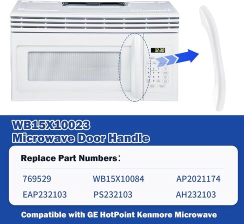 WB15X10023 مقبض باب فرن الميكروويف باللون الأبيض متوافق مع GE HotPoint EMO2000C01WW EMO2000C02WW JVM1410WC001 JVM1410WC002، استبدال 769529 WB15X10084 AP2021174 EAP232103 PS232103 in Kuwait