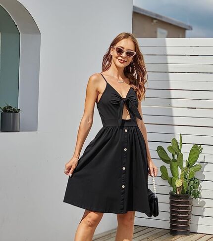 VOTEPRETTY Women's 2023 Floral V Neck Tie Front Spaghetti Strap Beach Dresses with Pockets in Saudi Arabia
