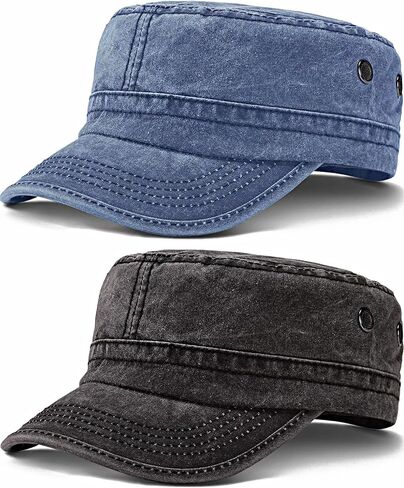 4 Pieces Cadet Army Hat Washed Cotton Military Cap Army Flat Top Hats Military Style Hat Adjustable Cadet Cap for Men Women Teens in Kuwait