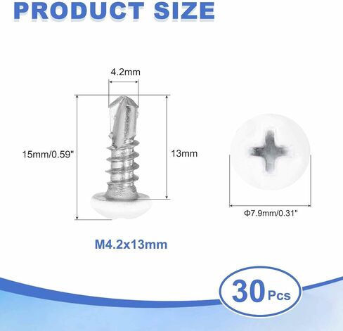 MECCANIXITY 60Pcs M4.2x16mm White Thick Pan Head Self Tapping Screws, 410 Stainless Steel Self Drilling Screws for Metal Sheet Metal Screw, Silver in Saudi Arabia