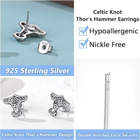 Silvora Norse Viking Jewelry Thor's Hammer Studs Sterling Silver Vintage Celtic Knot Wolf Head Stud Earrings for Women Men in Kuwait