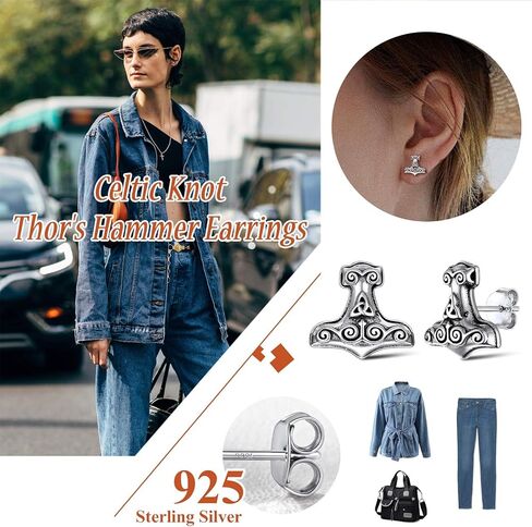 Silvora Norse Viking Jewelry Thor's Hammer Studs Sterling Silver Vintage Celtic Knot Wolf Head Stud Earrings for Women Men in Kuwait