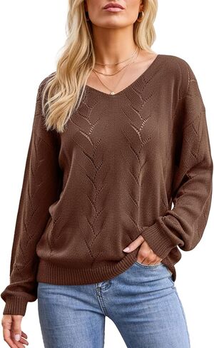 CUPSHE Women's V-Neck Long Sleeve Knit Sweater Dropped Shoulders Pullover with Ribbed Trim in Kuwait