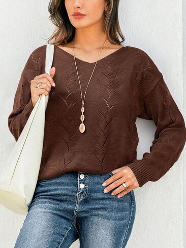 CUPSHE Women's V-Neck Long Sleeve Knit Sweater Dropped Shoulders Pullover with Ribbed Trim in Kuwait