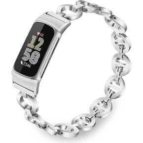 TRUMiRR Women Band for Fitbit Charge 6 / Charge 5, Stainless Steel Watchband Jewelry Ring Strap for Fitbit Charge 6 / Charge 5