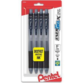 Pentel EnerGel-X Retractable Liquid Gel Pen, 0.5mm, Fine Line, Needle Tip, Black Ink, 4 Pack (BLN105BP4A)