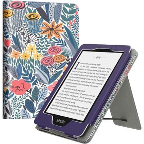 MoKo Case Fits 6" Kindle Paperwhite(10th Gen 2018 & All Paperwhite Generations Prior to 2018), Auto Wake/Sleep Slim PU Leather Stand Smart Cover Shell with Hand Strap for Kindle, Blue Leaf Flower