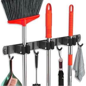 Mop and Broom Holder Wall Mount, Upgraded Broom Hanger Wall Mount, Stainless Steel Broom Organizer for Closet Garage Laundry Room Kitchen Wall Decor(3Racks 4Hooks Black)