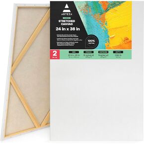 ARTEZA Canvases for Painting, Pack of 2, 24 x 36 Inches, Blank White Stretched Canvas Bulk, 100% Cotton, 8 oz Gesso-Primed, Art Supplies for Adults and Teens, Acrylic Pouring and Oil Painting