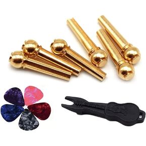 Alnicov Guitar Parts Set，Brass Guitar Bridge Pins Endpin Pack of 6 with Bridge Pin Puller Remover，5 PCS Guitar Picks for 6 Strings Acoustic Guitar
