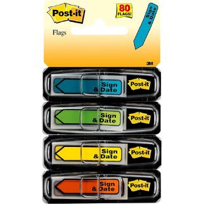 Post-it Message Flags, Sign and Date, 30/Dispenser, 4 Dispensers/Pack, .47 in Wide, Assorted Colors (684-SD)