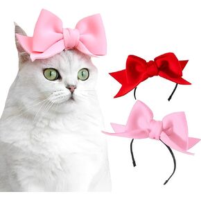 CheeseandU 2Pack Pet Cute Bow Headbands Stretchy Handmade Bow Headband for Dog Cat Puppy Bathroom Apparel Birthday Party Wedding Xmas New Year Valentines Day Costume Photo Prop(Pink, Red)
