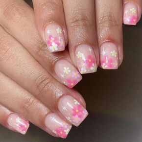 Flower Press on Nails Medium Square Colorful Daisy French Tip Press on Nails Design Spring Summer Flower False Nail Tips Acrylic Nails Manicure for Women and Girls 24Pcs