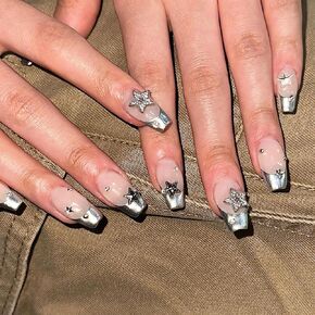 IMSOHOT Coffin Press on Nails Medium French Tips Fake Nails Clear Glossy False Nails with Metal Skull & Cross Designs Silver Flame Ballerina Acrylic Nails Glue on Nails for Women 24Pcs
