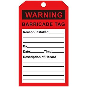 Accident Prevention Tag, "Warning Barricade Tag",6.25x3 Inch Unrippable Vinyl Inspection and Status Tags(Pack of 50)