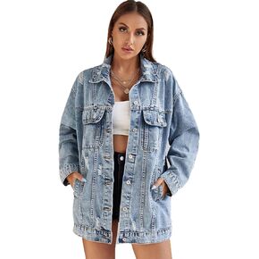 YILANUOYI Women Casual Oversize Denim Jackets Mid Long Vintage Ripped Jean Coats