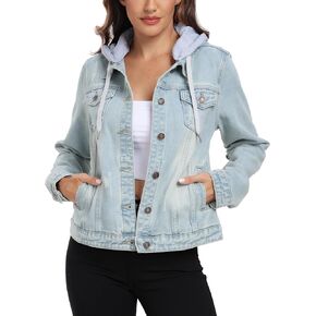 Anienaya Women's Hooded Jean Jacket Drawstring Layered Washed Long Sleeve Detachable Hoodie Denim Jacket w 2 Pockets