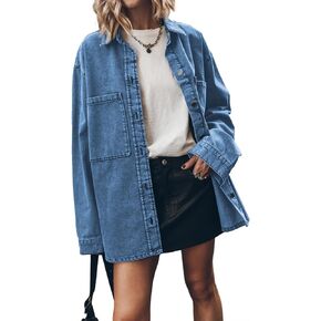 PLNOTME Womens Oversized Jean Jacket Casual Button Up Denim Overshirt Trendy Long Sleeve Denim Jacket Coat