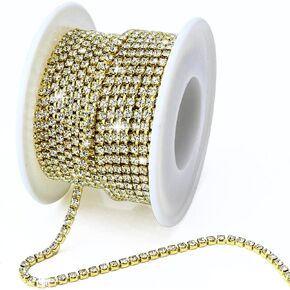 Pawkyjar 1 Roll 10 Yards Rhinestone Chain, SS12 3mm Gold Crystal Rhinestone Chain Trim for DIY Jewelry Making, Crafts, Shoes, Charms