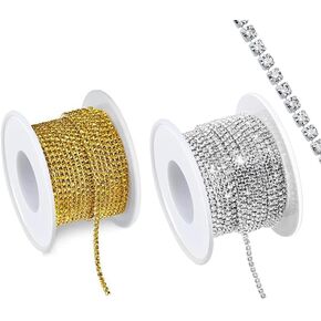 2 Rolls Crystal Rhinestone Trim, BetterJonny Total 20 Yards 2 MM AB Close Chain Diamond Crystal Claw Cup Chain Sew on Trim for DIY Wedding Home Party Crafts Making Decorations(Silver, Gold)