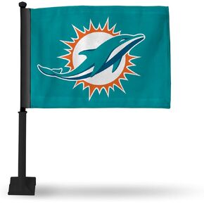 علم سيارة Rico Industries NFL Football Miami Dolphins أساسي مزدوج الجوانب مع عمود أسود - 40.64 سم × 48.26 سم - عمود قوي يتم تعليقه على السيارة/الشاحنة/السيارات