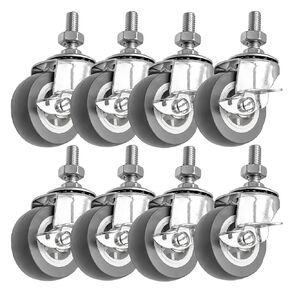 FactorDuty 2 Inch Grey Caster Wheel 3/8"-1.2" Threaded Stem Mount Caster Wheel with Locking Brake Polyurethane Wheels Premium Non Marking No Noise 65LB Per Wheel (Pack of 8)