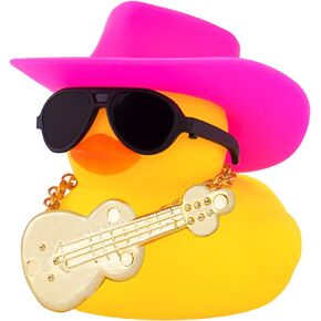 wonuu Car Dashboard Decor Guitar Rubber Duck, Car Ducks Ornaments with Mini Cowboy Hat Necklace Sunglasses, Black