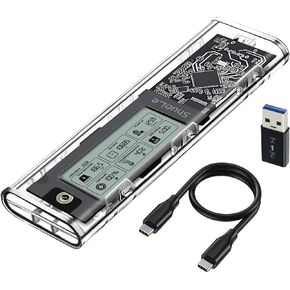 ShuoLe M.2 NVMe SSD Enclosure with LCD Screen, USB 3.2 Gen 2 (10 Gbps), Transparent External Solid State Drive Adapter for 2280 PCI-E M and B&M Keys, USB Type C Converter Case