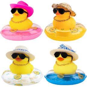 wonuu Car Duck 4Pcs Rubber Duck Car Ornaments Yellow Duck Car Dashboard Decorations with Mini Hat Swim Ring Necklace Sunglasses, Pink&White&Red&Black Spots Cowboy Hat