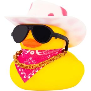 wonuu Car Dashboard Decor Cowboy Hat Rubber Duck, Car Ducks Ornaments with Mini Hat Necklace Sunglasses (Pink Black)