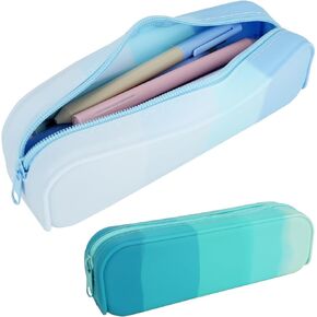 TIE-DailyNec 2 PCS Silicone Pencil Case Pencil Pouch, Colorful Portable Pen Bag Waterproof Stationery Storage Bag with Zipper, Stylish Makeup Bag for Pen Pencils Markers Cosmetic (Sky Blue + Cyan)