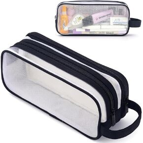 Large Grid Mesh Pencil Case 2 Compartments, Clear Pen Pencil Pouch with Zipper, Multifunction Transparent Stationery Bag for Student College Office Teen Boys Girls Makeup Bag for Adults Travel (Blue)