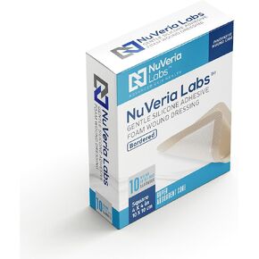 Nuveria Labs Hospital Grade Bordered Silicone Foam Wound Dressing - Gentle Silicone Adhesive Helps minimize discomfort, 3 x 3" Square, 10 Each/Box