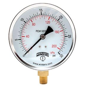Winters 4 inch Dial Size, Multi-Function Economy Utility Dry Pressure Gauge, Brass Internals, Steel Case, Dual Scale 0-30 psi/kPa, 3-2-3% Accuracy, 1/4 inch NPT Bottom, Glass Lens, Pressure Gauge